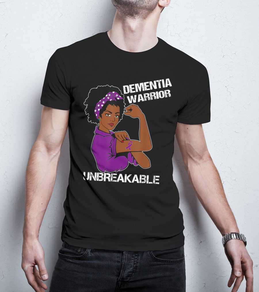 Dementia Warrior Unbreakable Rosie The Riveter Woman With Purple Awareness T-Shirt