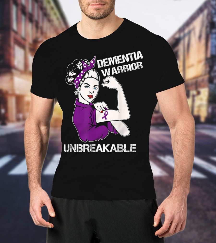 Dementia Warrior Unbreakable Purple Ribbon Rosie The Riveter T-Shirt