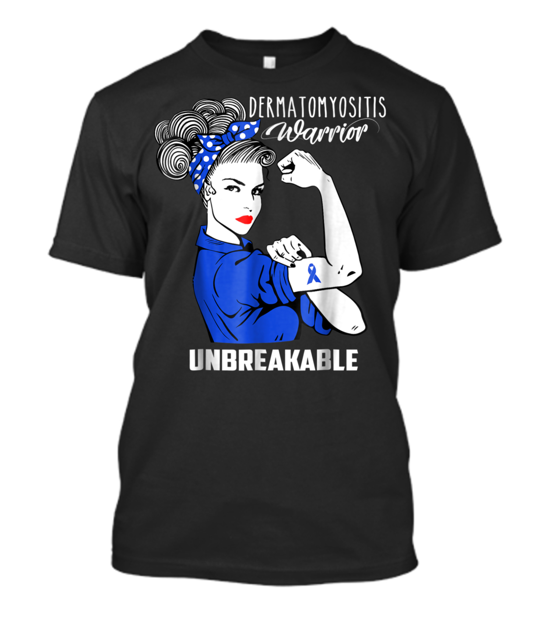 Dermatomyositis Warrior Unbreakable Awareness Flexing Rosie Icon With Blue T-Shirt