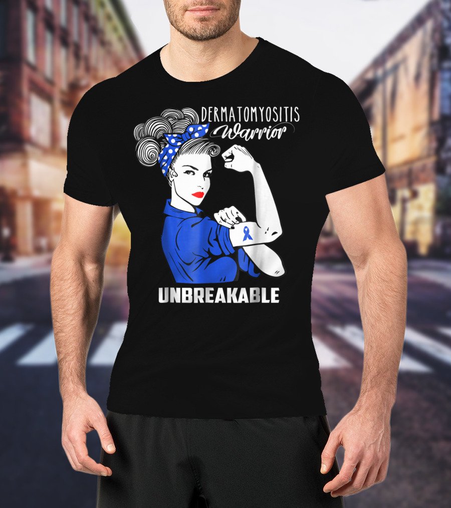 Dermatomyositis Warrior Unbreakable Awareness Flexing Rosie Icon With Blue T-Shirt