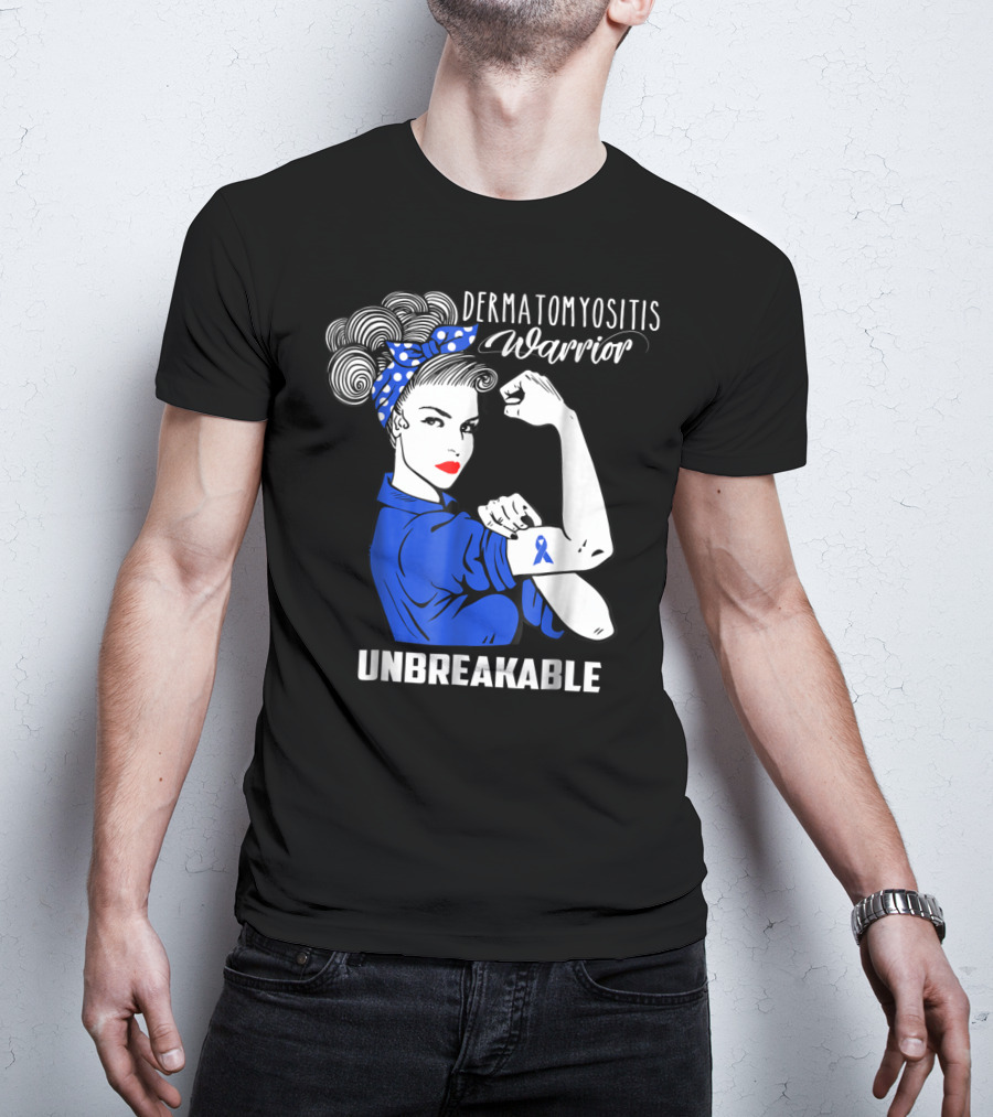 Dermatomyositis Warrior Unbreakable Awareness Flexing Rosie Icon With Blue T-Shirt