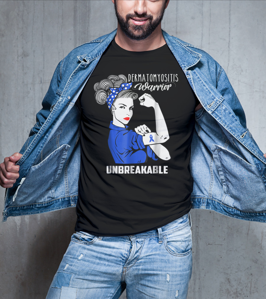 Dermatomyositis Warrior Unbreakable Awareness Flexing Rosie Icon With Blue T-Shirt