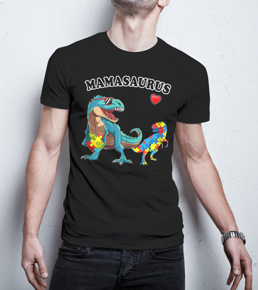 Mamasaurus Dinosaur Heart Puzzle Autism Awareness T-Shirt