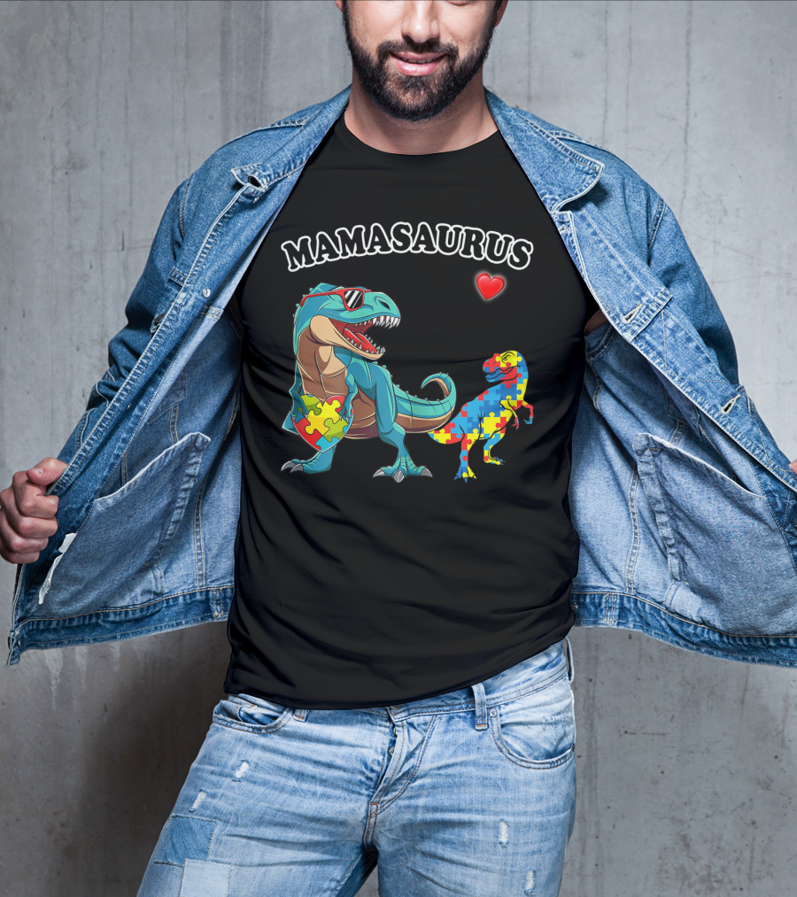 Mamasaurus Dinosaur Heart Puzzle Autism Awareness T-Shirt