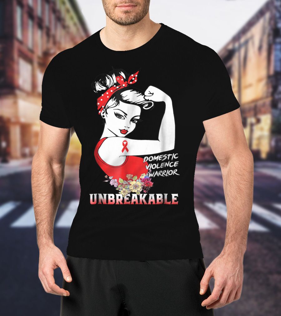 Domestic Violence Warrior Unbreakable Red Ribbon Rosie The Riveter Floral T-Shirt