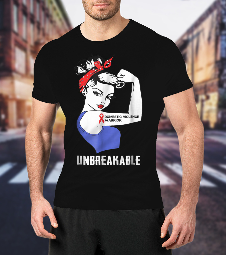 Domestic Violence Warrior Unbreakable Rosie Riveter Red Ribbon T-Shirt