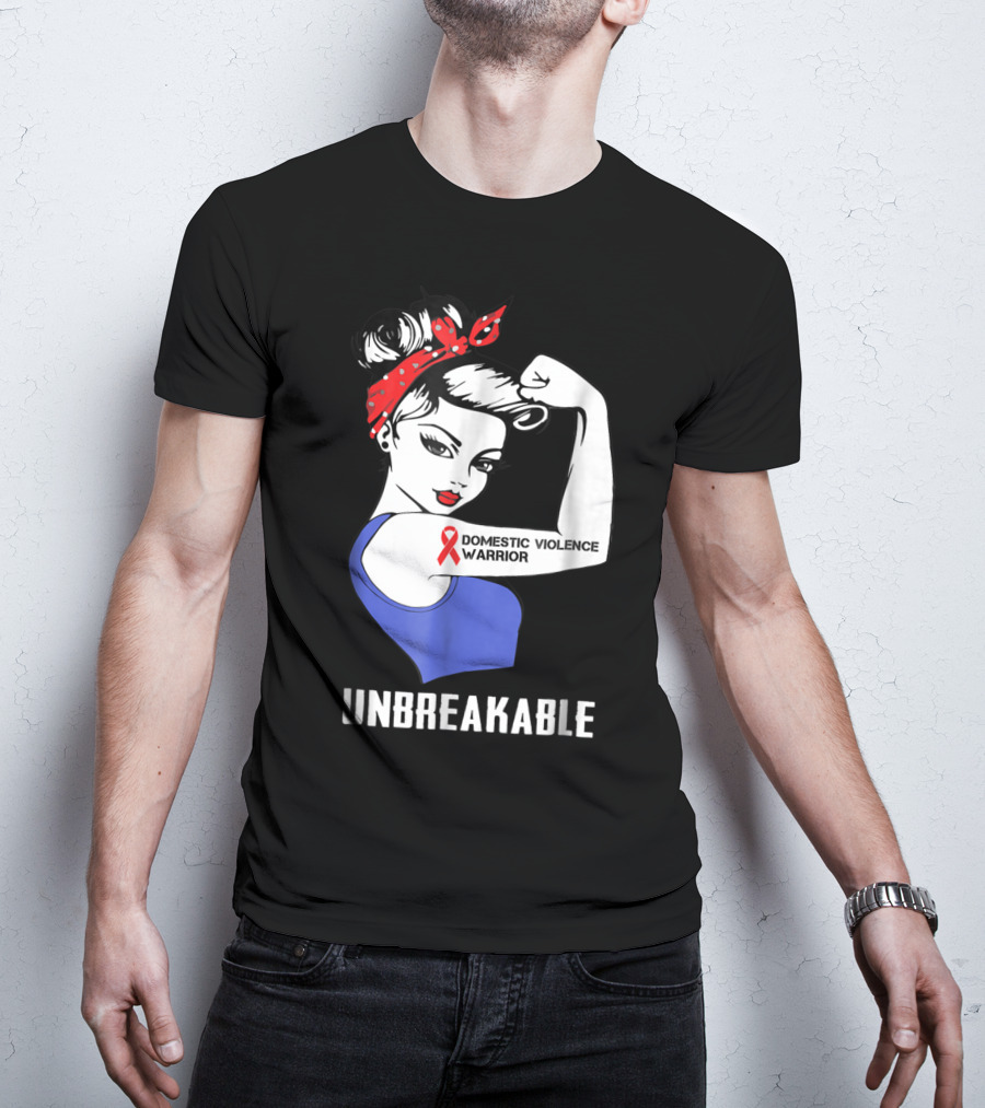 Domestic Violence Warrior Unbreakable Rosie Riveter Red Ribbon T-Shirt