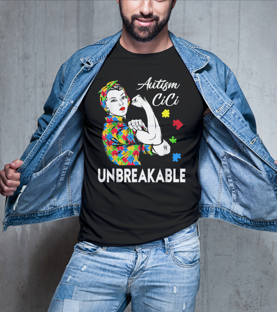 Autism CiCi Unbreakable Autism Awareness Puzzle Pieces Rosie The Riveter T-Shirt