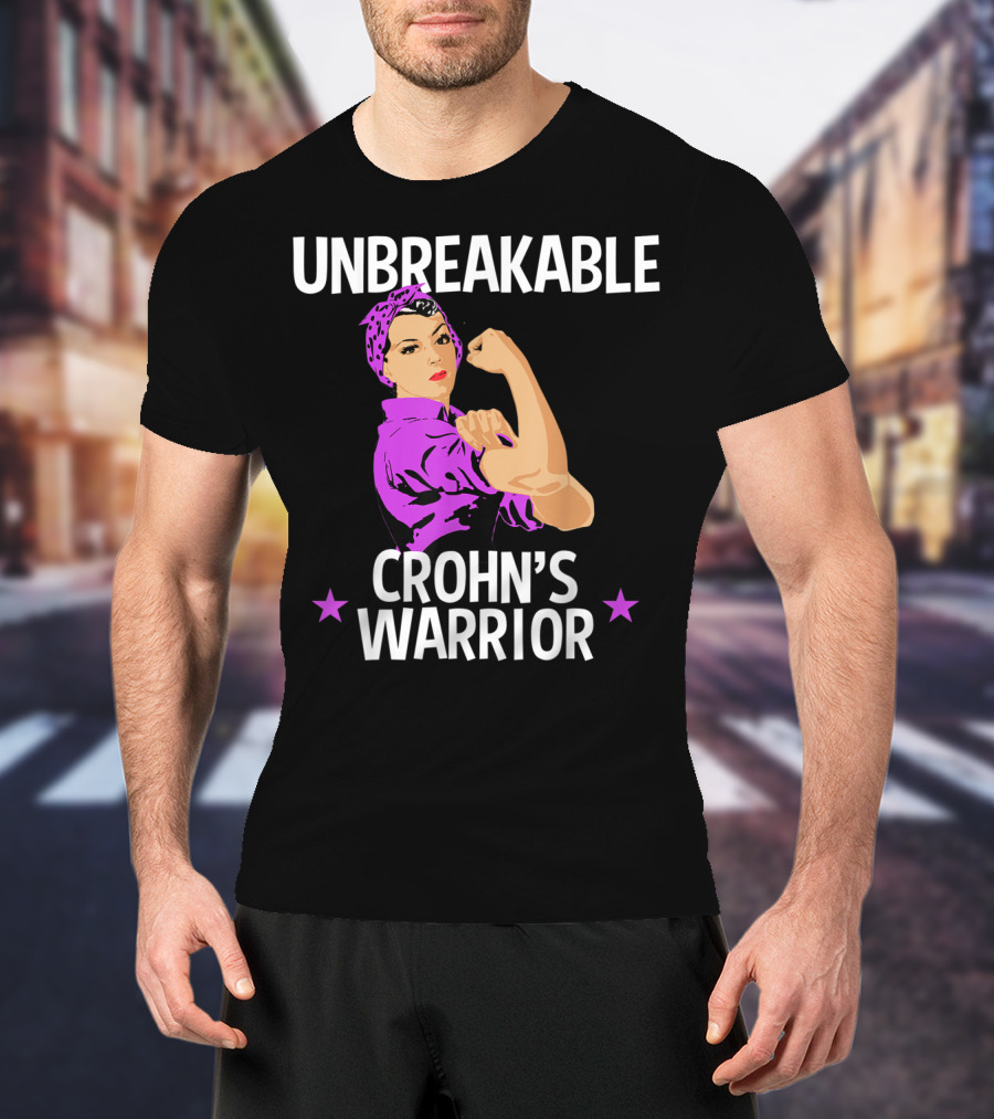 Unbreakable Crohn's Warrior Purple Awareness Rosie The Riveter T-Shirt
