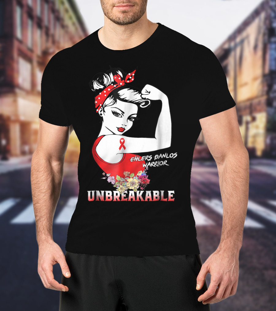 Ehlers Danlos Warrior Unbreakable Rosie The Riveter Style With Ribbon And Floral Elements T-Shirt