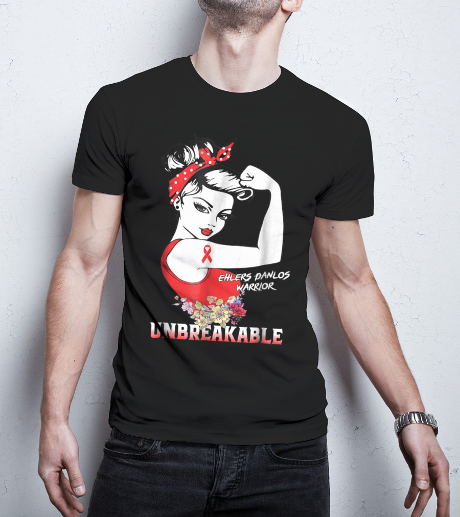 Ehlers Danlos Warrior Unbreakable Rosie The Riveter Style With Ribbon And Floral Elements T-Shirt