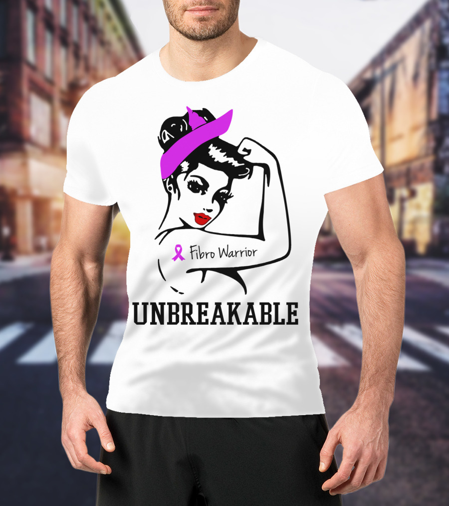 Fibro Warrior Unbreakable Strong Woman With Pink Ribbon And Purple Hair Bow T-Shirt