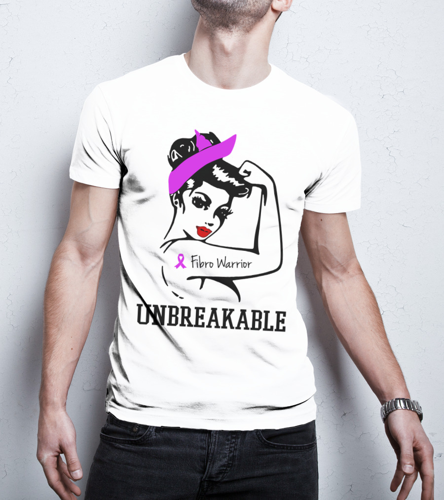 Fibro Warrior Unbreakable Strong Woman With Pink Ribbon And Purple Hair Bow T-Shirt