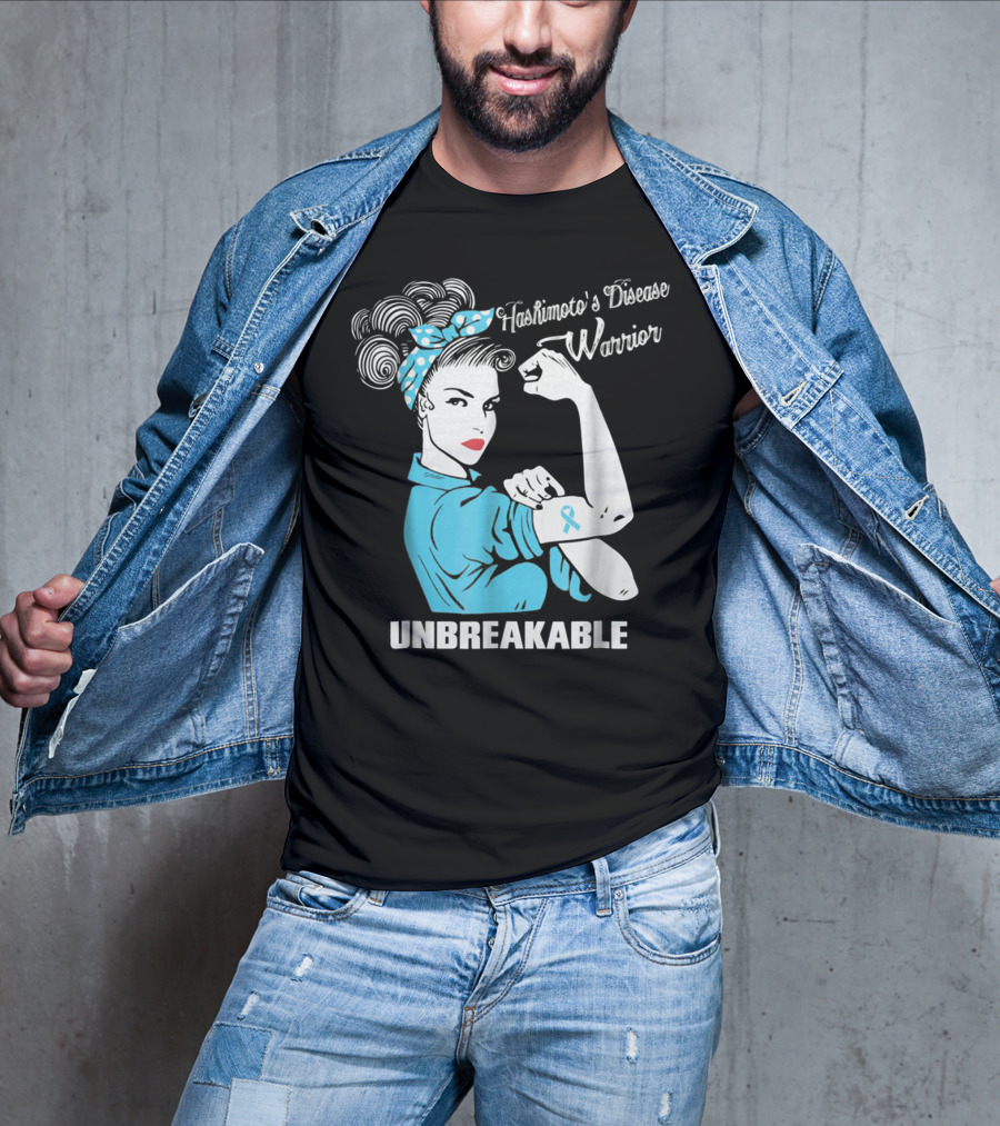 Hashimoto's Disease Warrior Unbreakable Rosie Riveter Style Blue Awareness T-Shirt