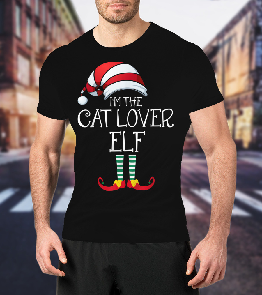 I'm The Cat Lover Elf Family Christmas Hat And Striped Socks T-Shirt