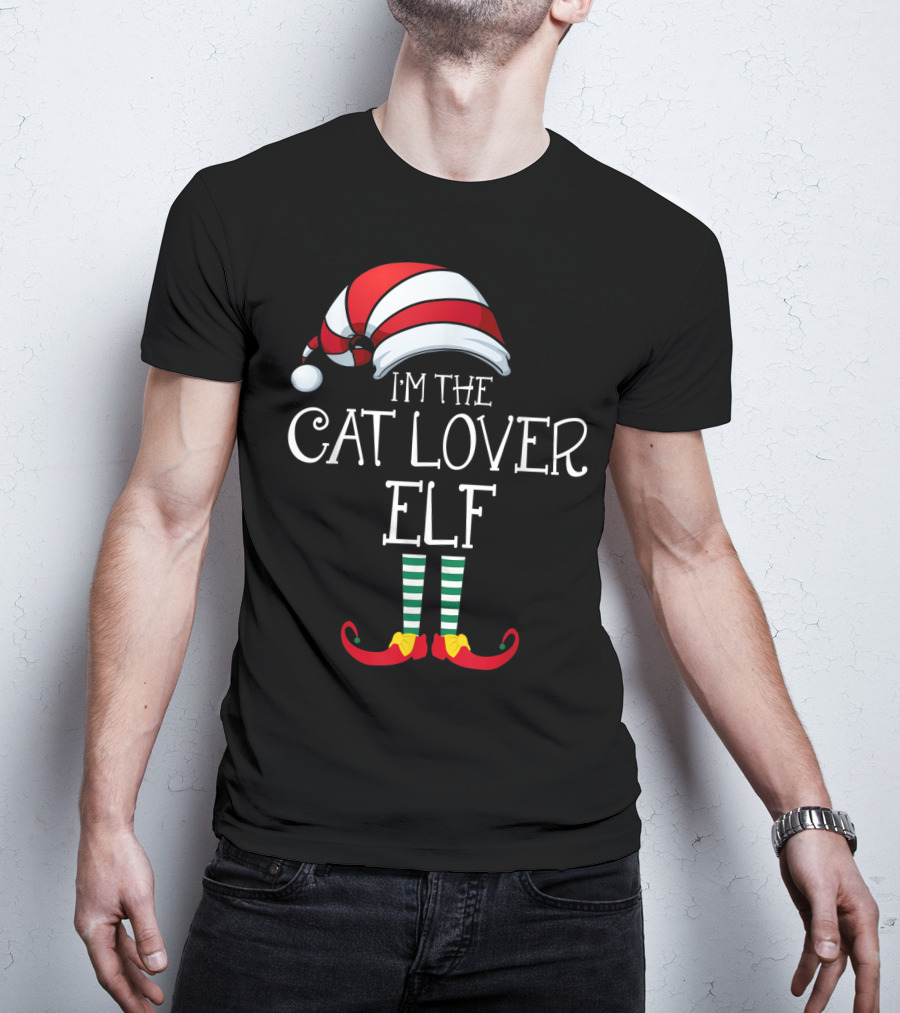 I'm The Cat Lover Elf Family Christmas Hat And Striped Socks T-Shirt