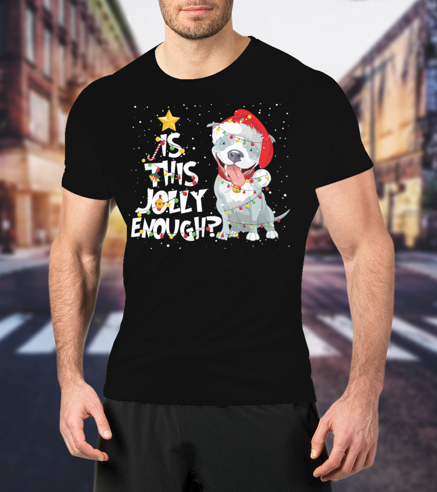 Is This Jolly Enough Funny Pitbull Dog Lovers Christmas Santa Hat Lights T-Shirt
