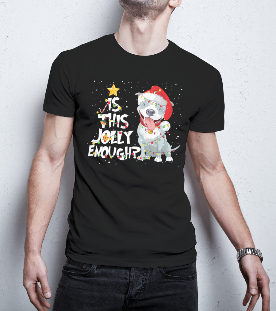 Is This Jolly Enough Funny Pitbull Dog Lovers Christmas Santa Hat Lights T-Shirt