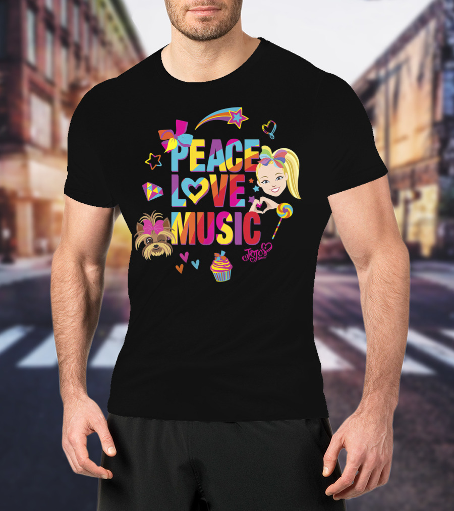 Jojo Siwa Peace Love Music Rainbow With Bow Stars Hearts Cupcake Puppy T-Shirt