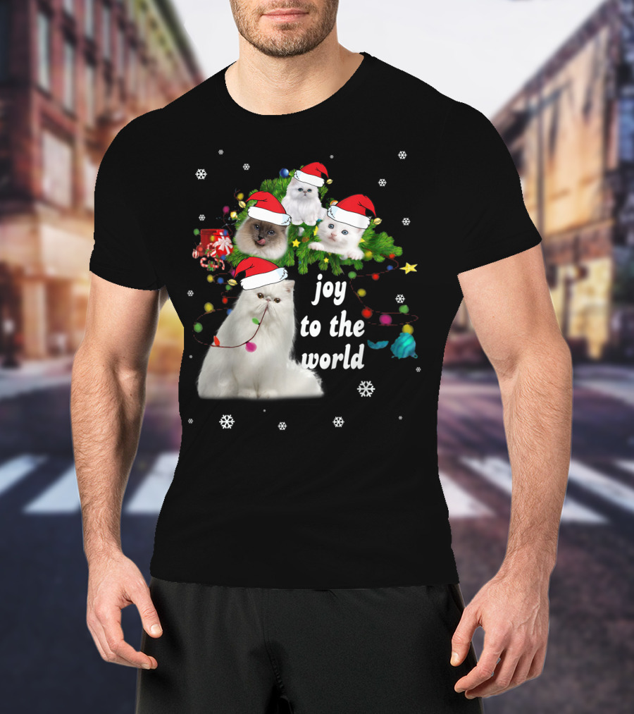 Joy To The World Christmas Cats With Santa Hats And Snowflakes T-Shirt
