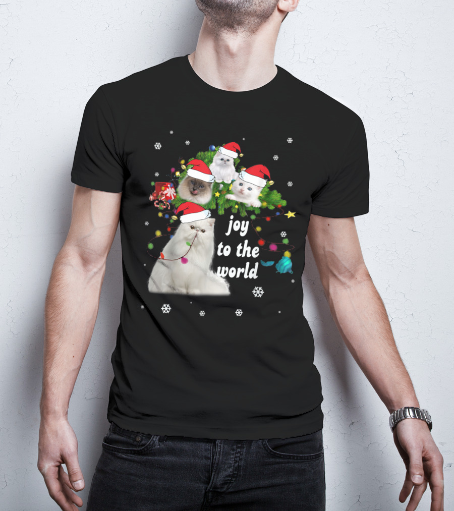Joy To The World Christmas Cats With Santa Hats And Snowflakes T-Shirt