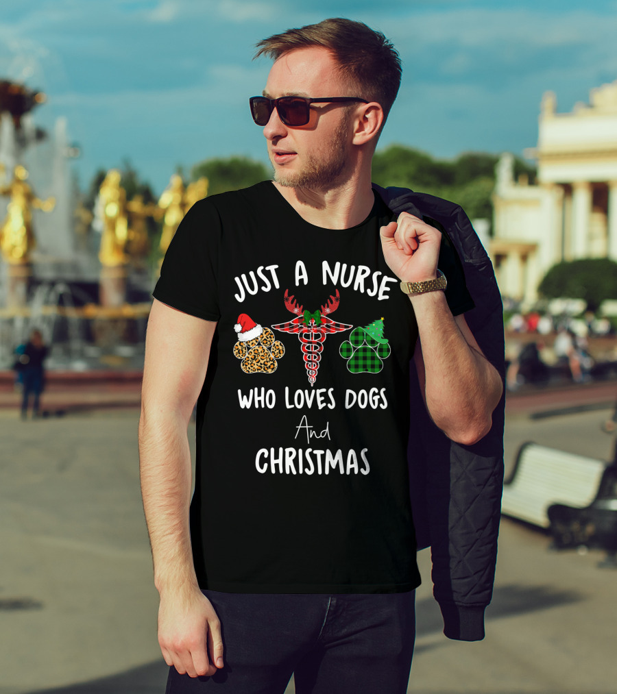 Just A Nurse Who Loves Dogs And Christmas T-Shirt