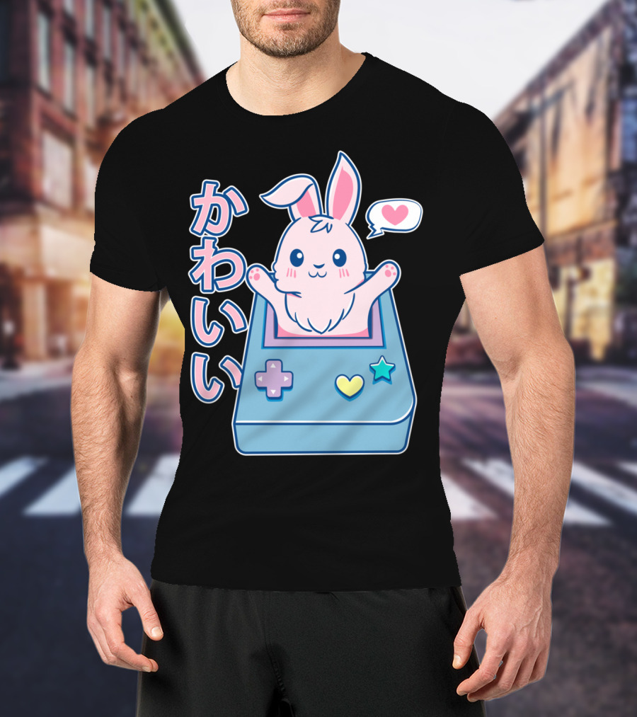 Kawaii Gamer Bunny Rabbit In Pastel Colors With Japanese Text And Game Console T-Shirt