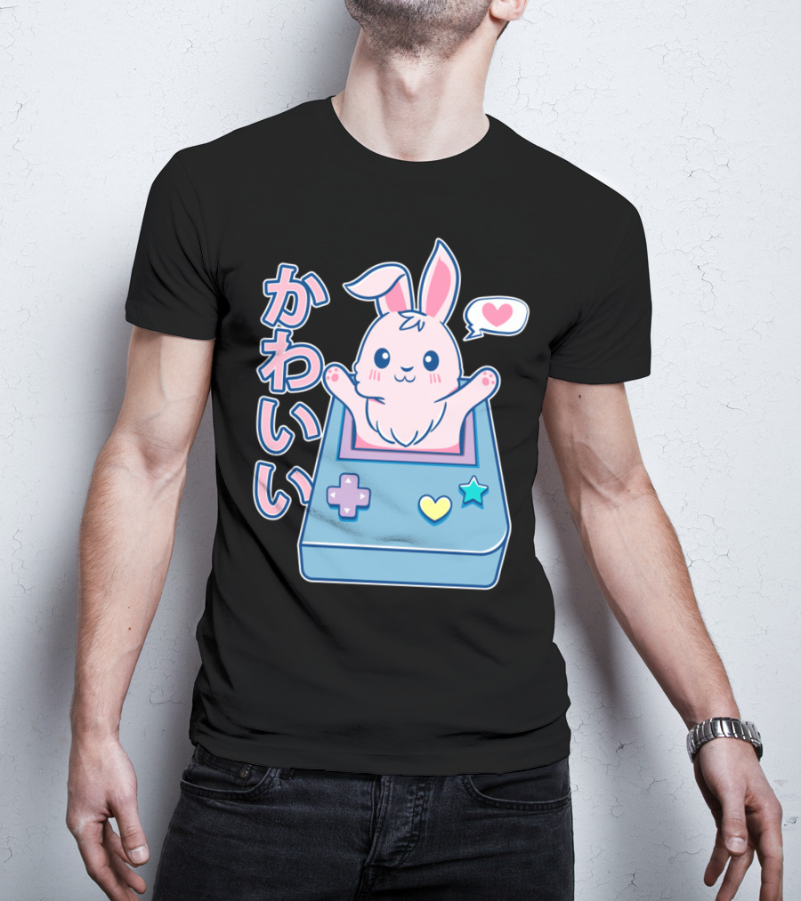 Kawaii Gamer Bunny Rabbit In Pastel Colors With Japanese Text And Game Console T-Shirt