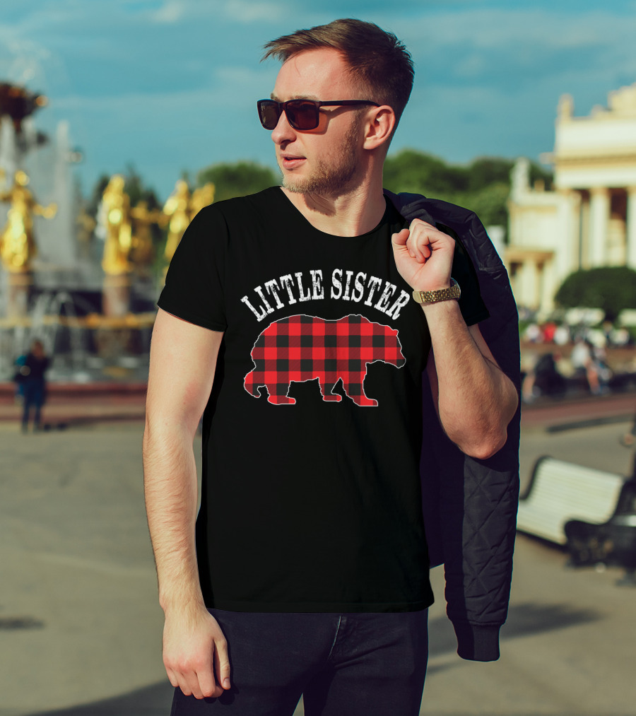 Little Sister Red Black Buffalo Plaid Bear T-Shirt
