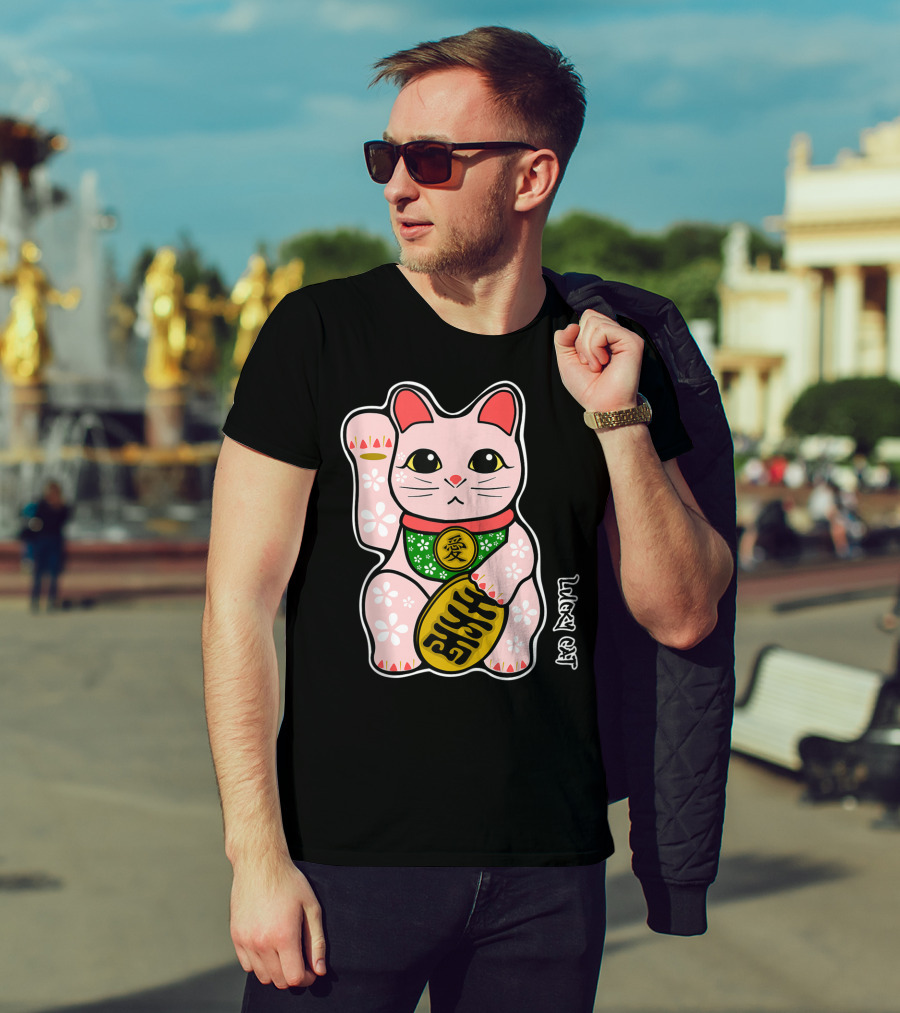 Lucky Cat Manekineko Japanese Love Prosperity Symbol Icon Floral T-Shirt