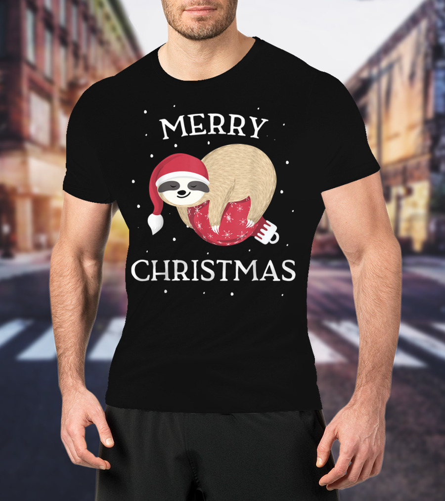 Merry Christmas Sloth Santa Hat Snowflakes T-Shirt