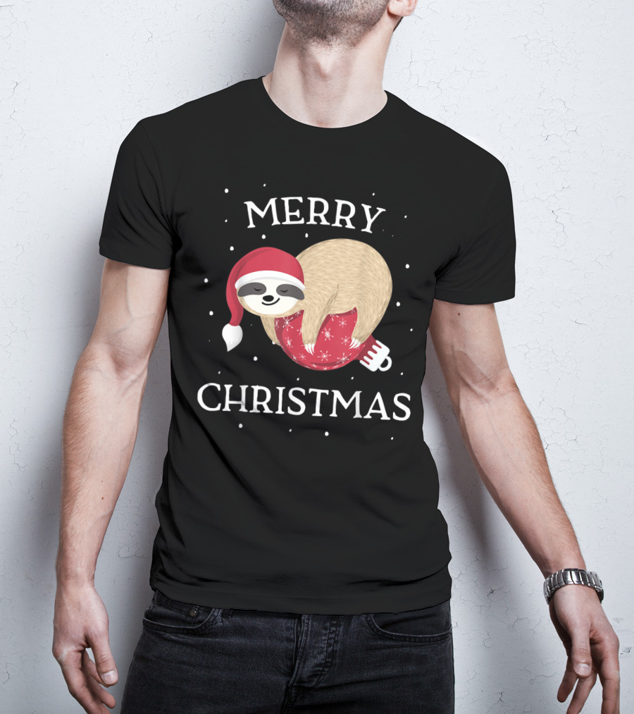 Merry Christmas Sloth Santa Hat Snowflakes T-Shirt