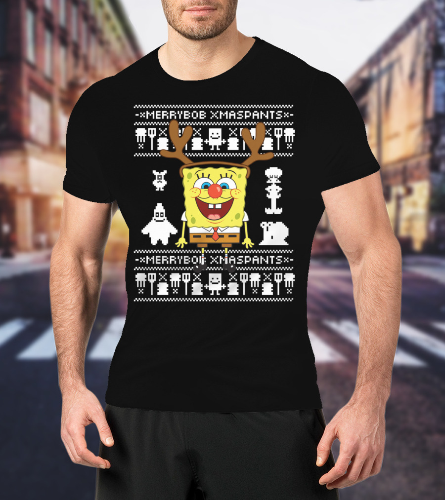 Merrybob Xmaspants Ugly Xmas SpongeBob Reindeer Pixel T-Shirt