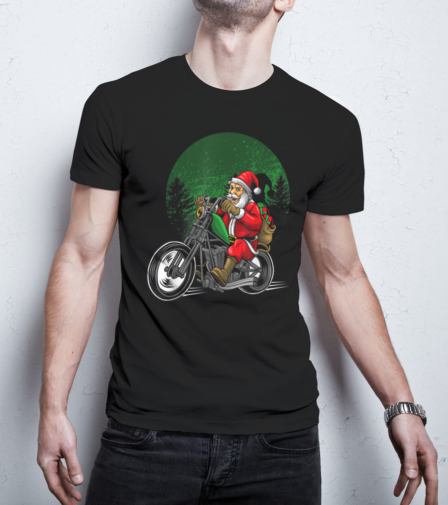 Motorcycle Santa Riding Through Festive Forest T-Shirt