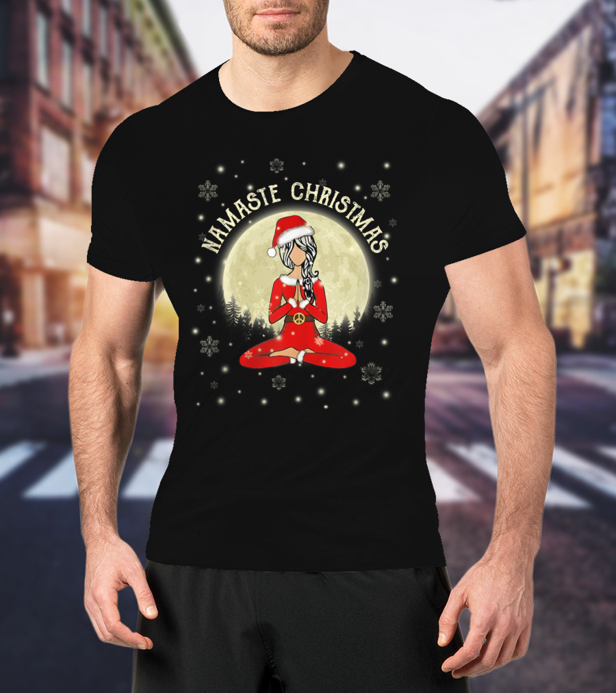 Namaste Christmas Peaceful Santa Yoga Moonlight Snowflakes Women's Meditation T-Shirt