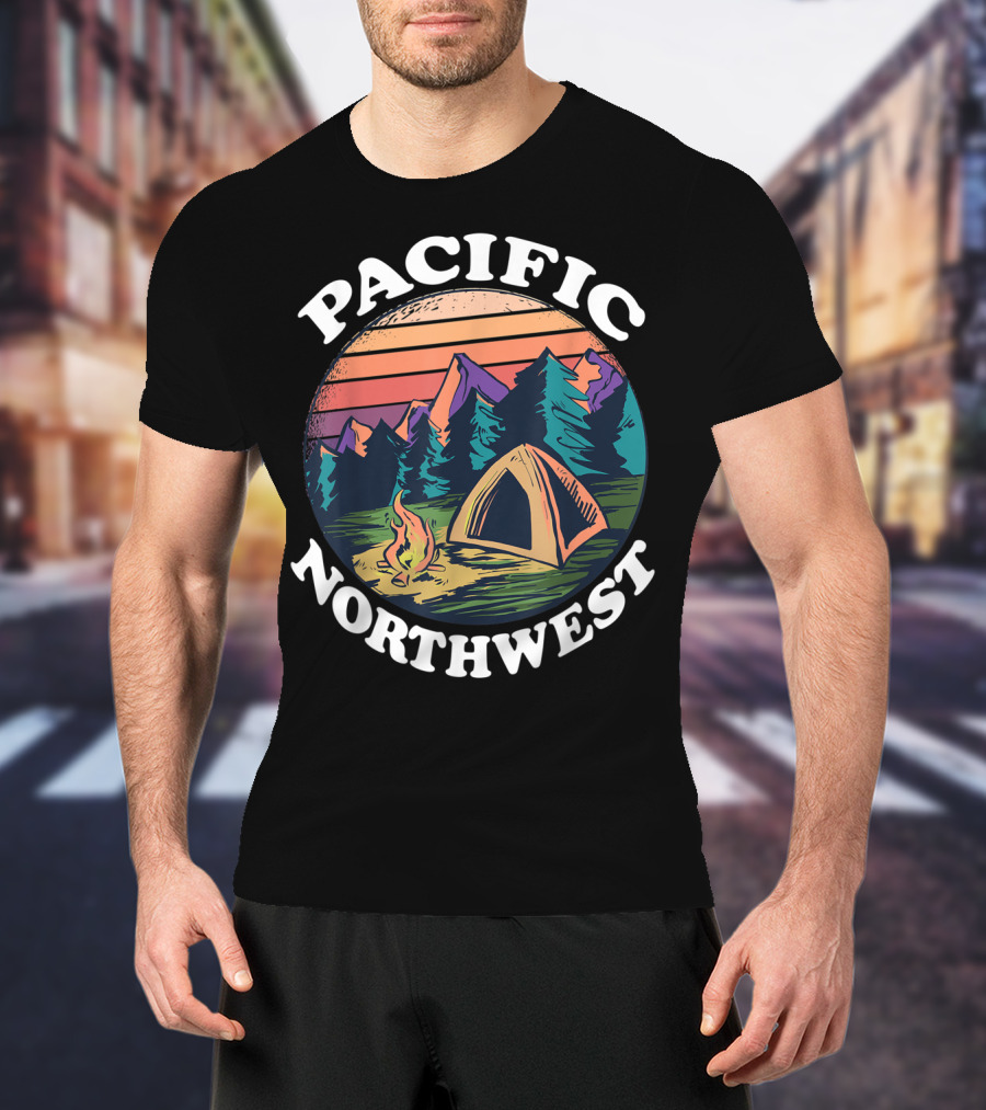Pacific Northwest Camping Tent Campfire Forest Scene T-Shirt