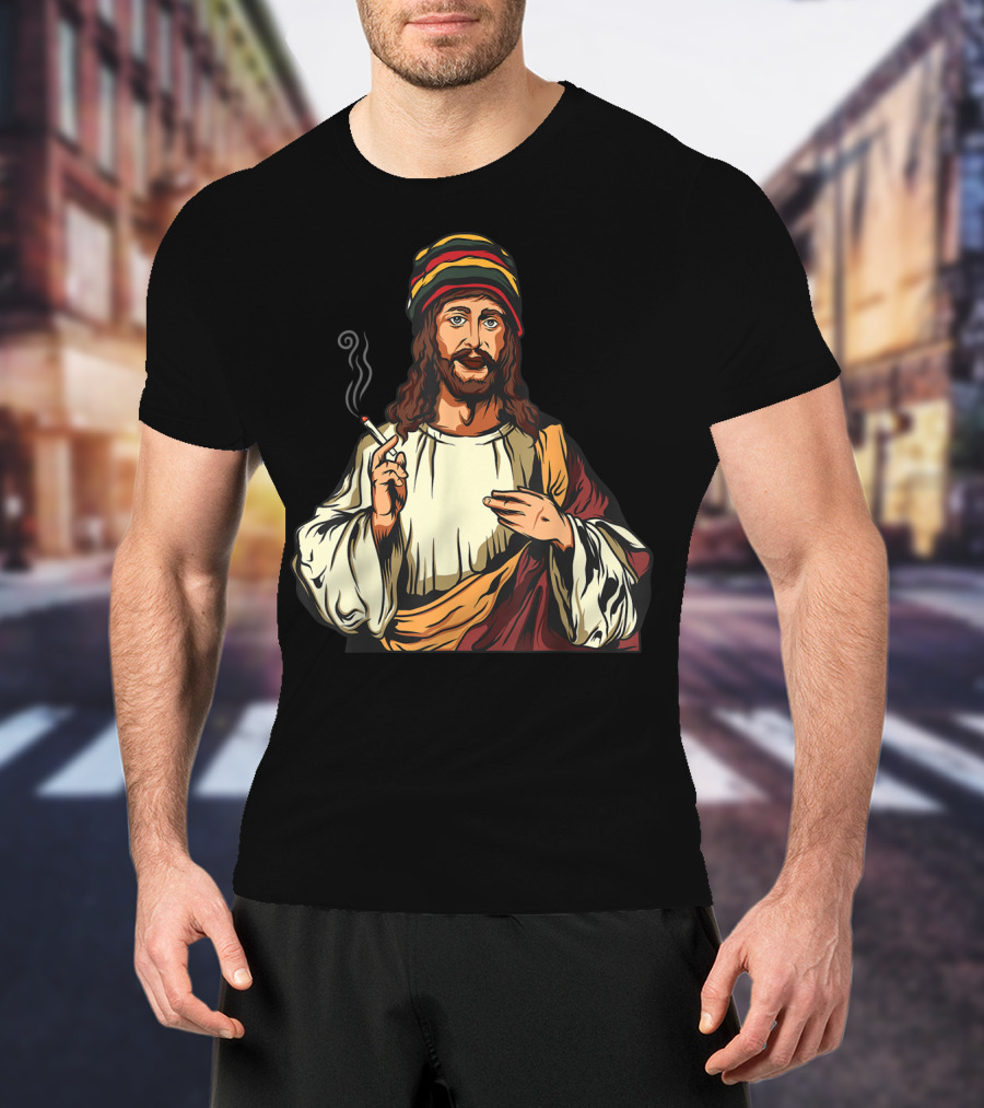 Pot Smoking Jesus Christ Cannabis Weed Rasta Hat Smoking Joint T-Shirt