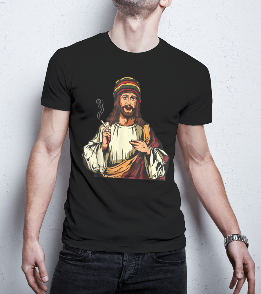 Pot Smoking Jesus Christ Cannabis Weed Rasta Hat Smoking Joint T-Shirt