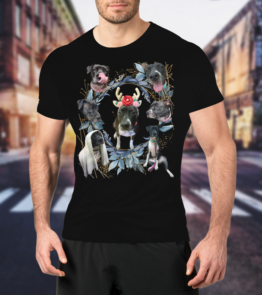 Puppy Holiday Antler Flower Dog Faces Wreath T-Shirt