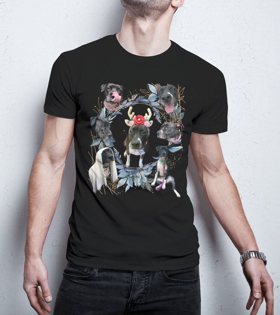 Puppy Holiday Antler Flower Dog Faces Wreath T-Shirt