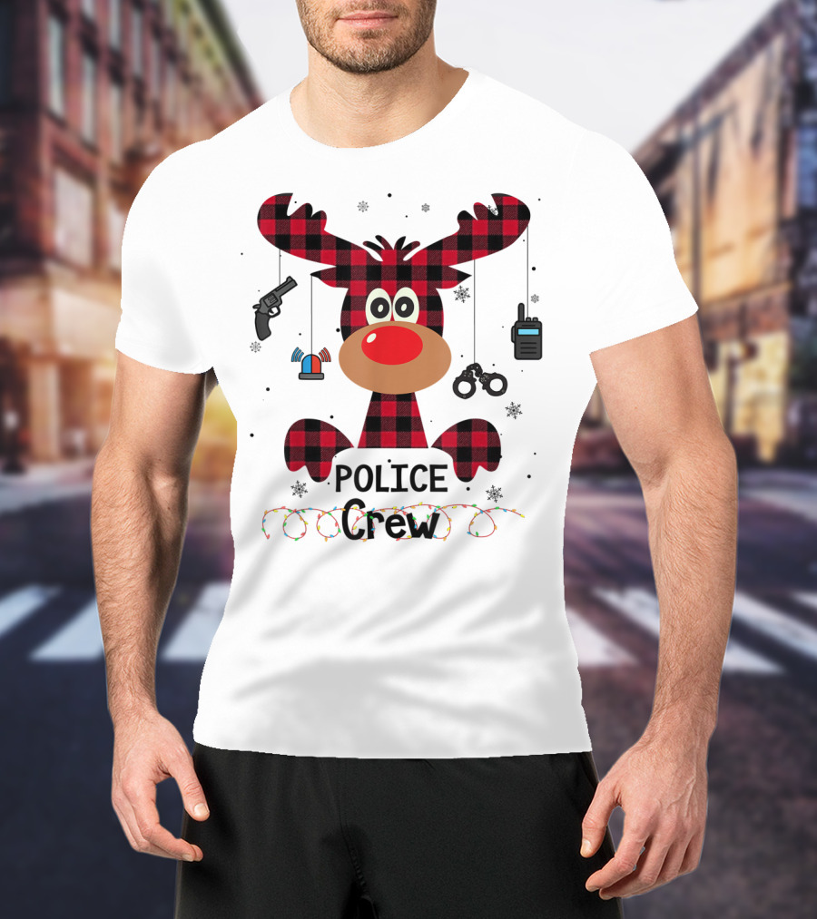 Red Plaid Reindeer Face Police Crew With Holiday Lights And Law Enforcement Icons T-Shirt