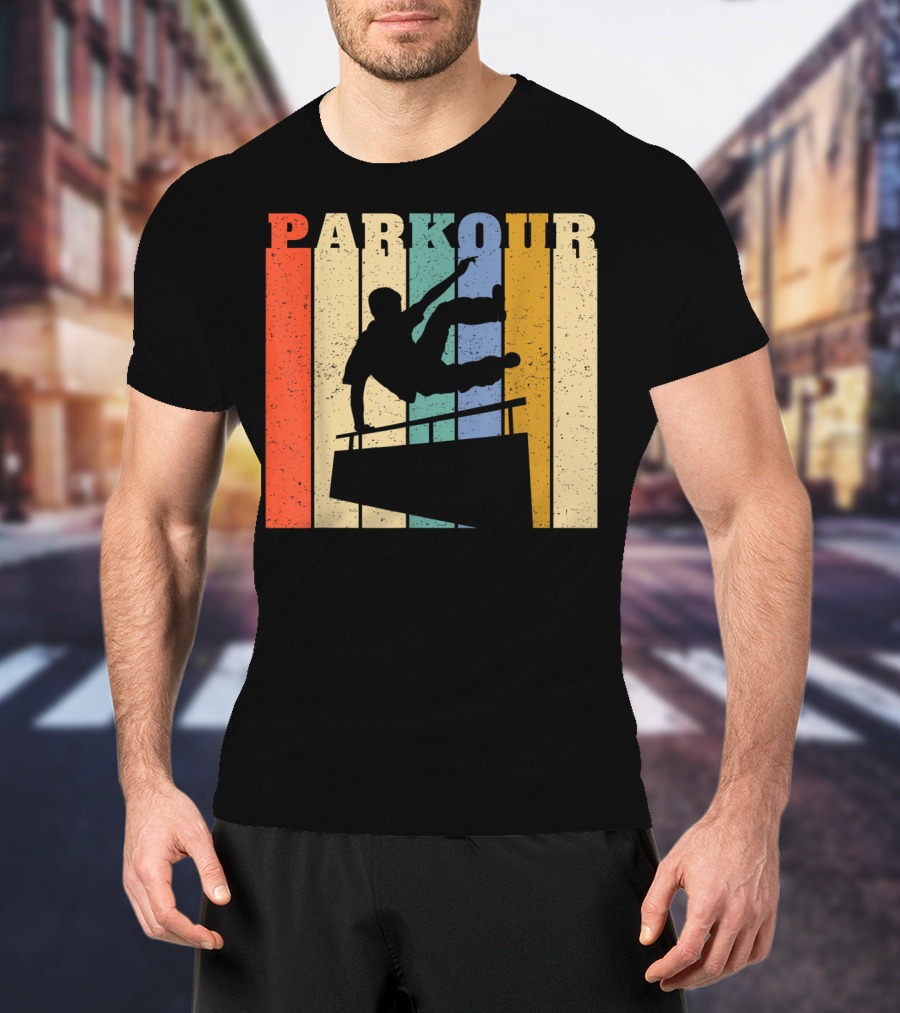 Retro Parkour Silhouette Against Striped Vintage Backdrop T-Shirt