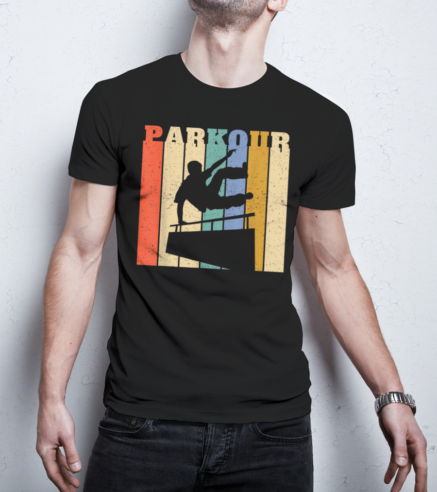 Retro Parkour Silhouette Against Striped Vintage Backdrop T-Shirt