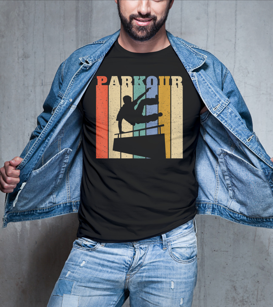 Retro Parkour Silhouette Against Striped Vintage Backdrop T-Shirt