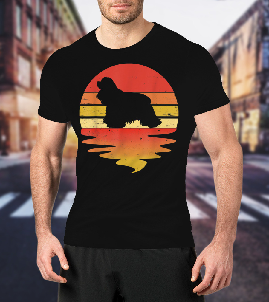 Retro Sunset Cocker Spaniel Silhouette Vintage 70s Style Dog Scene T-Shirt