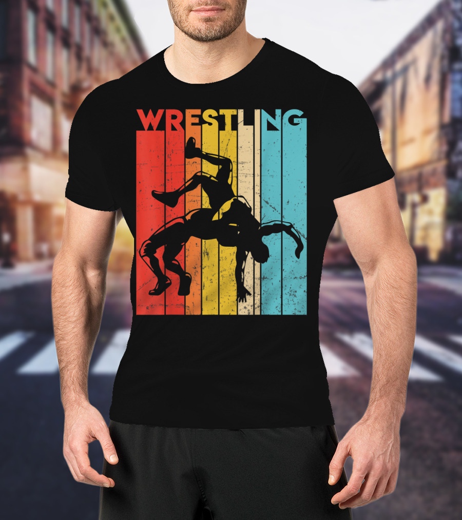 Wrestling Retro Vintage Silhouette Players On Colorful Stripes T-Shirt