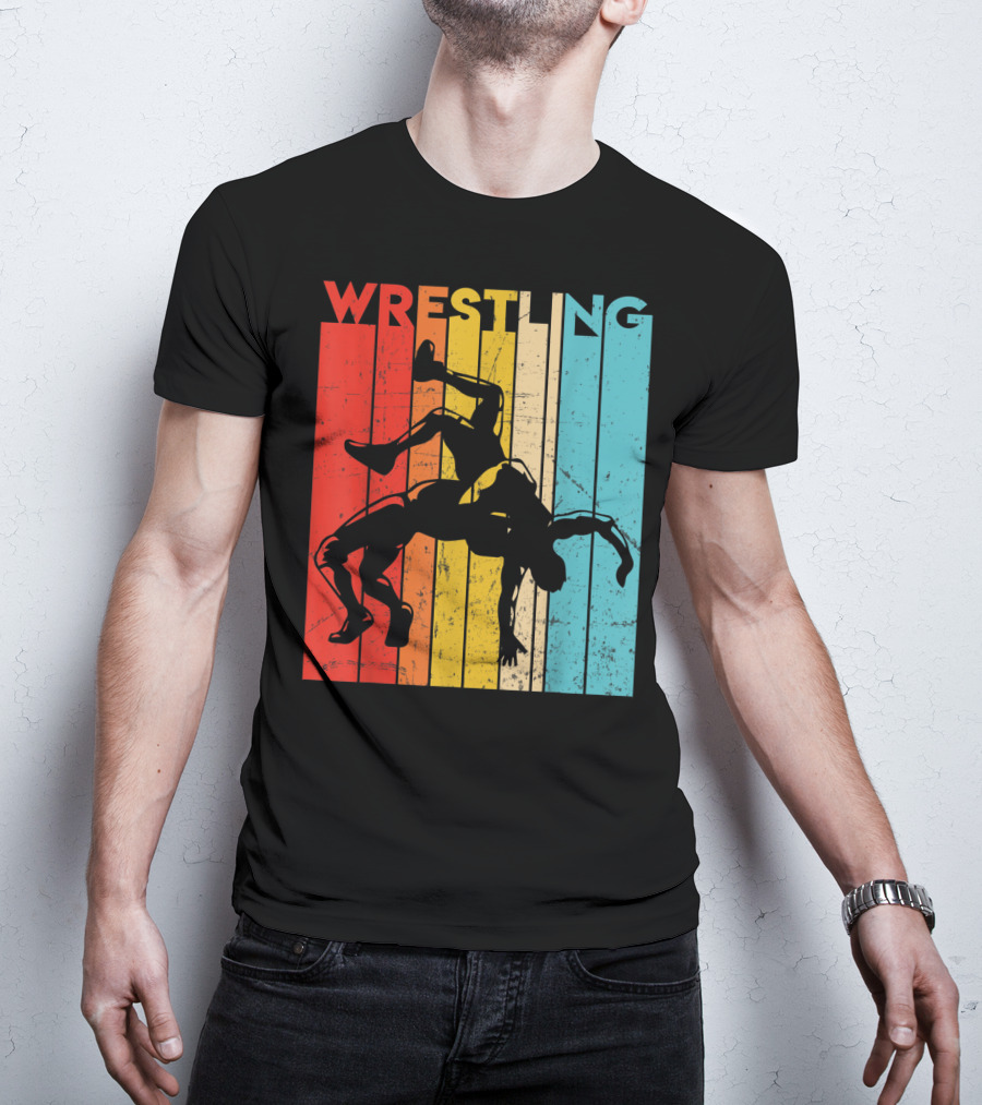 Wrestling Retro Vintage Silhouette Players On Colorful Stripes T-Shirt