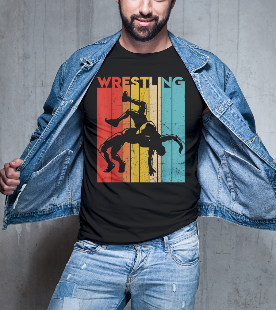 Wrestling Retro Vintage Silhouette Players On Colorful Stripes T-Shirt