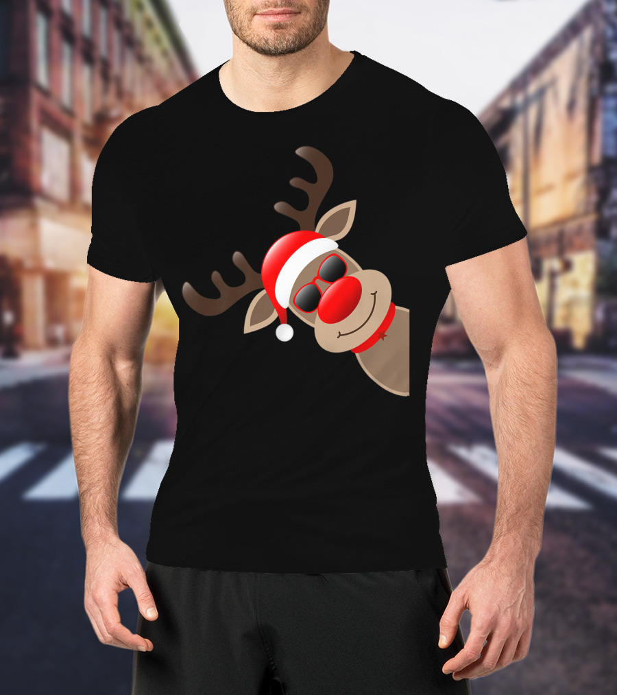 Rudolph Red Nose Reindeer Santa Hat Sunglasses T-Shirt