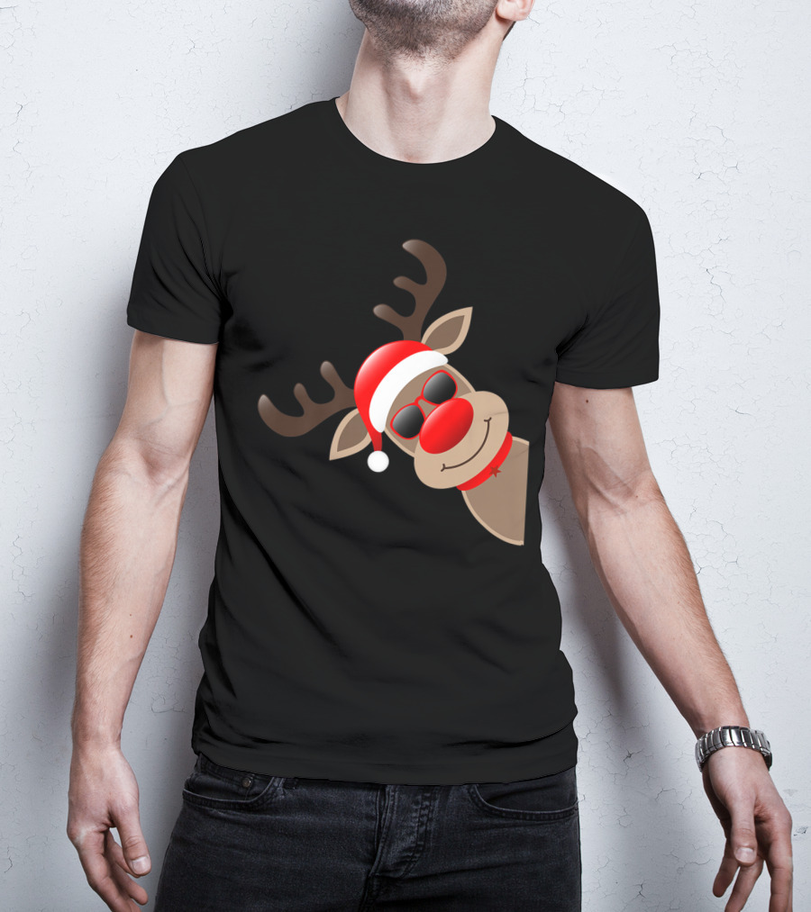 Rudolph Red Nose Reindeer Santa Hat Sunglasses T-Shirt